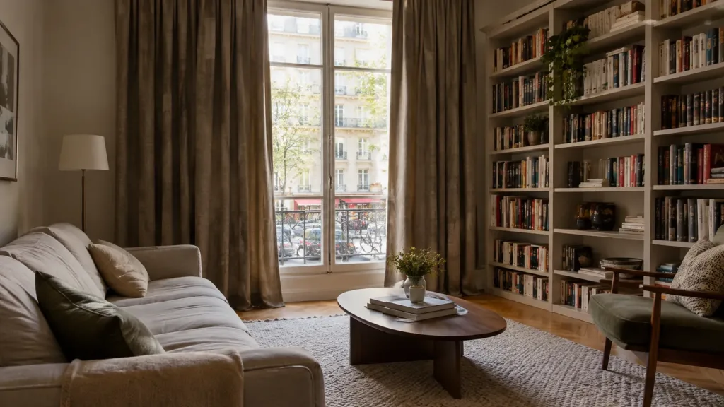 Salon avec rideaux épais devant une fenêtre donnant sur la rue, grand tapis et bibliothèque murale