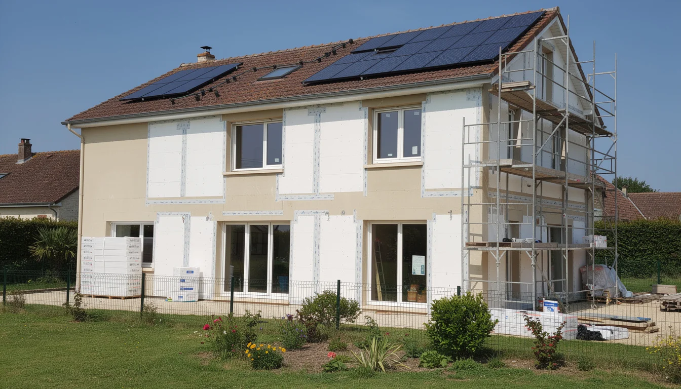 credit-travaux-maison-ecologique Maison en rénovation avec panneaux solaires installés sur le toit et isolation thermique en cours sur les murs