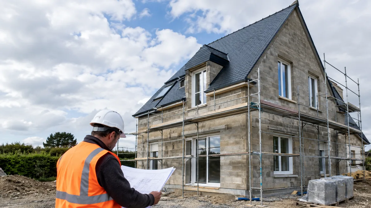 Chef de chantier consultant un plan devant une maison hors d'eau et hors d'air en construction