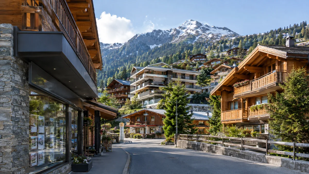 Vitrine d'une agence immobilière bordant une rue de chalets alpins à Verbier face aux montagnes