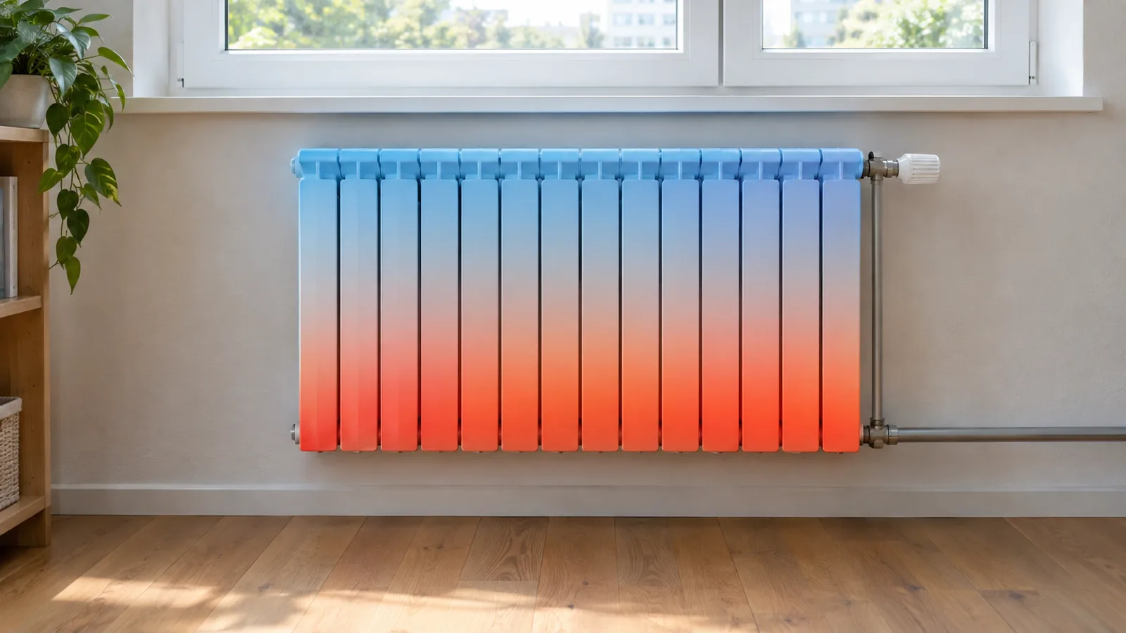 Radiateur sous une fenêtre teinté en bleu froid en haut et en orange chaud en bas