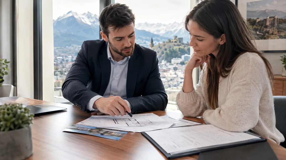 Agent immobilier présentant les plans d'un bien immobilier à une cliente face aux montagnes