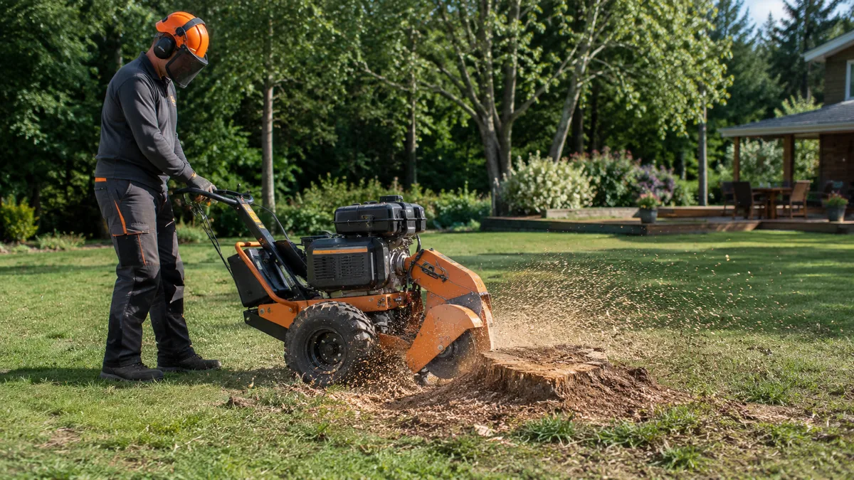 Opérateur utilisant une rogneuse pour détruire une souche d'arbre sur une pelouse