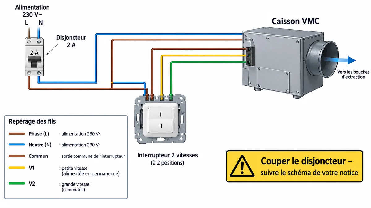 Câblage électrique d'un caisson VMC relié à un disjoncteur 2A et un interrupteur à deux vitesses