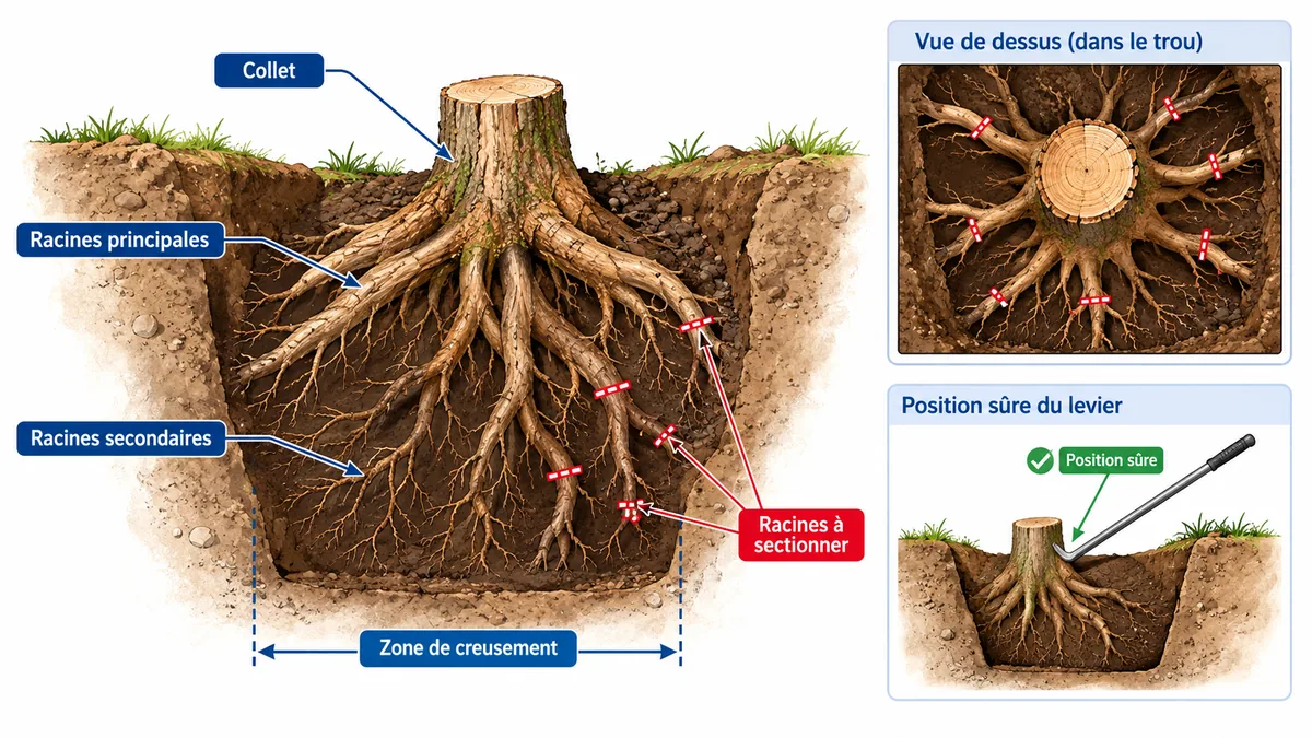 Dégagement des racines d'une souche d'arbre et position d'un levier pour le dessouchage manuel